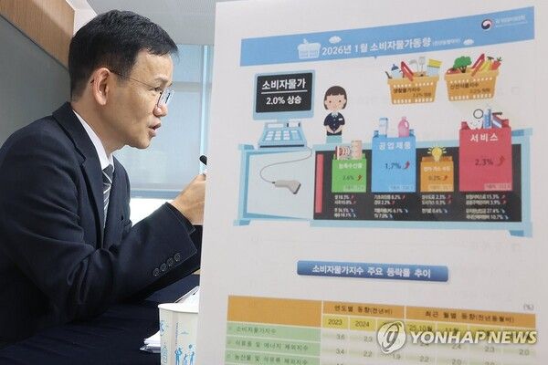 &nbsp;이두원 국가데이터처 경제동향통계심의관이 3일 정부세종청사에서 1월 소비자 물가 동향을 발표하고 있다.발표에 따르면 지난달 소비자물가 상승률은 2.0%로, 5개월 만의 최소폭을 기록했다.