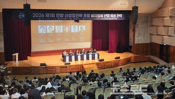 안양시청 대강당에서 열린 제1회 안양 신성장 전략 포럼에서 피지컬AI를 주제로한 토론이 진행되고 있다./사진=안양시