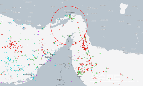 호르무즈 해협 [사진=마린트래픽 화면 갈무리/뉴스로드]