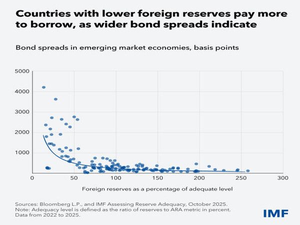 외환보유액이 적정 수준에 미달할수록 신흥국 국채 금리 스프레드가 크게 확대되는 모습이다. IMF 분석에 따르면 외환보유액이 충분한 국가는 채권 스프레드가 낮게 유지되지만, 보유액이 부족한 국가는 수천 베이시스포인트까지 상승하며 차입 비용이 급격히 높아지는 경향이 나타난다. [자료=IMF/블룸버그 뉴욕]