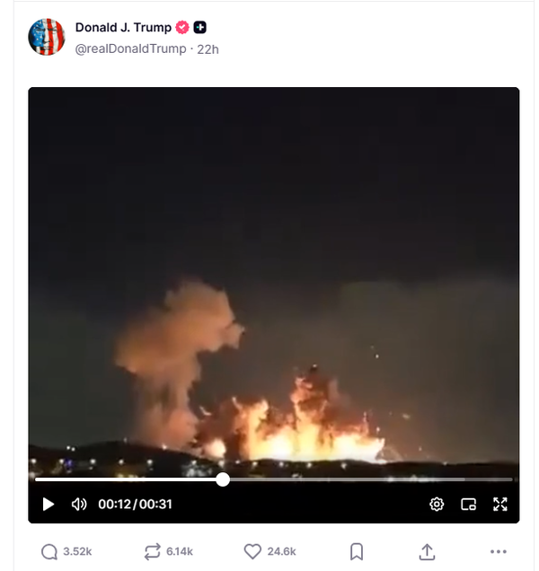 트럼프 대통령이 공개한 이란 이스파한 폭격 동영상 화면 [사진=트루스소셜 갈무리/뉴스로드]