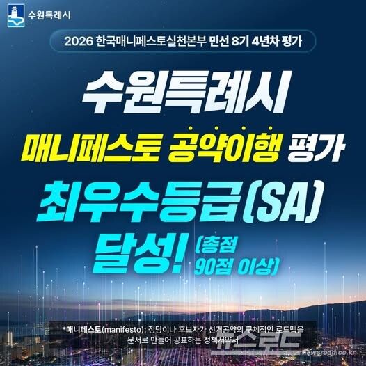 수원시가 '2026 민선 8기 기초지자체장 공약이행 및 정보공개 평가'에서 최우수등급인 SA등급을 달성했다./사진=이재준 시장 페이스북&nbsp;