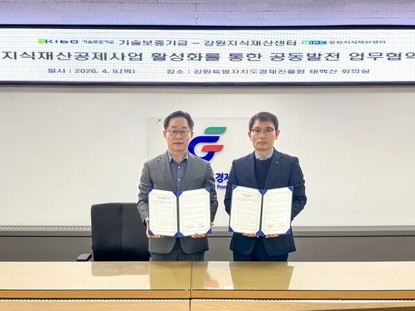 기술보증기금(이사장 김종호)은 지난 9일&nbsp;강원도 원주시에 위치한 강원특별자치도경제진흥원 본원에서 강원지식재산센터(센터장 이민재)와 '지식재산공제사업 활성화를 통한 공동발전 업무협약'을 체결했다.&nbsp;권세왕 기보 지식재산공제센터장(오른쪽)과 이민재 강원지식재산센터장이 업무협약 후 기념촬영을 하고 있다/사진=기술보증기금 제공