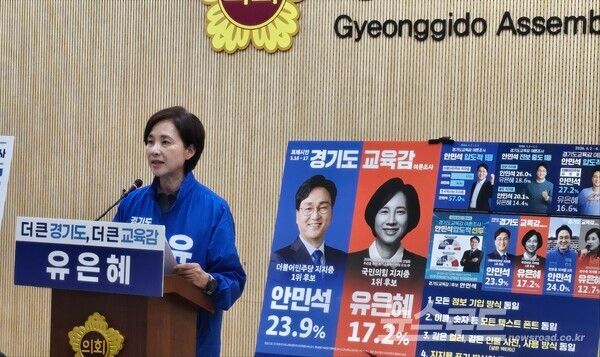 유은혜 예비후보가 웹자보를 근거로 내세우며 안민석 예비후보측의 사과를 촉구하고 있다./사진=뉴스로드 김영식 기자&nbsp;