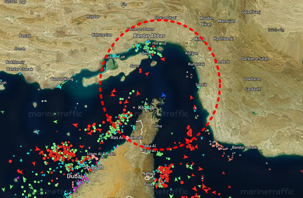 20일 오전 호르무즈해협(점선 원)의 선박 통행이 끊긴 모습 [사진=마린트래픽/뉴스로드]