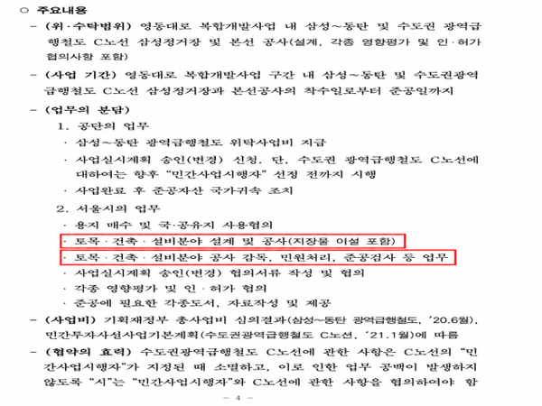 서울시가 2021년 서울시의회에 제출한 ‘영동대로 지하공간 복합개발사업 내 광역급행철도 건설사업 위·수탁협약 추진 동의안’ 중 일부. 문서에는 서울시 업무로 ‘토목·건축·설비분야 공사 감독’과 ‘준공검사’ 등이 명시돼 있다. [자료=고민정 의원실]