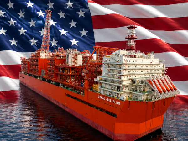 삼성중공업이 수주한 미국 델핀(Delfin) LNG 프로젝트용 부유식 액화천연가스 생산설비(FLNG) 이미지. 미국 최초의 FLNG 사업으로 평가받는 델핀 프로젝트는 기존 육상 LNG 플랜트 대신 해상에서 천연가스를 생산·액화하는 방식이 특징이다. 삼성중공업은 이번 프로젝트를 통해 29억달러(약 4조3000억원) 규모의 계약을 확보했으며, 미국 LNG 수출 확대와 에너지 안보 강화의 핵심 인프라 사업으로 주목받고 있다. 사진은 미국 성조기를 배경으로 한 그래픽. [그래픽=최지훈 기자]