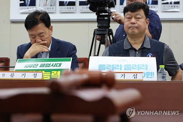 지난 25일 정부세종청사 최저임금위원회에서 열린 제9차 전원회의에서 류기정 한국경영자총협회(경총) 전무(왼쪽)와 근로자위원인 류기섭 한국노총 사무총장이 발언을 듣고 있다.지난 회의에서 근로자 측은 올해 최저임금인 1만320원보다 16.3% 인상한 1만2천원으로, 사용자 측은 동결 시급인 1만320원으로 최초 요구안을 공식적으로 제시했다./연합뉴스