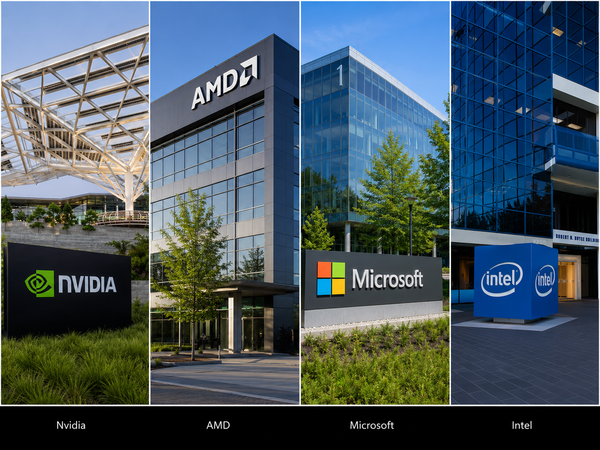 유럽과 비교되는 미국의 대표적 빅테크 기업들인 엔비디아(NVIDIA), AMD, 마이크로소프트(Microsoft), 인텔(Intel) 본사 전경. 네 기업은 AI 반도체(GPU·CPU), 클라우드, 데이터센터 인프라를 중심으로 글로벌 AI 생태계를 주도하고 있다.&nbsp;[사진=각사/편집=최지훈 기자]