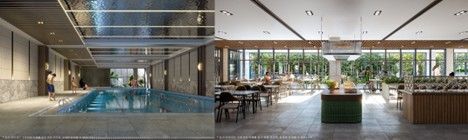 챔피언스시티 1차 커뮤니티 이미지컷(좌_실내 수영장, 우_다이닝라운지)/사진제공=챔피언스시티복합개발PFV