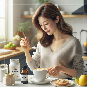 스테비아 알룰로스를 커피에 넣는 여성