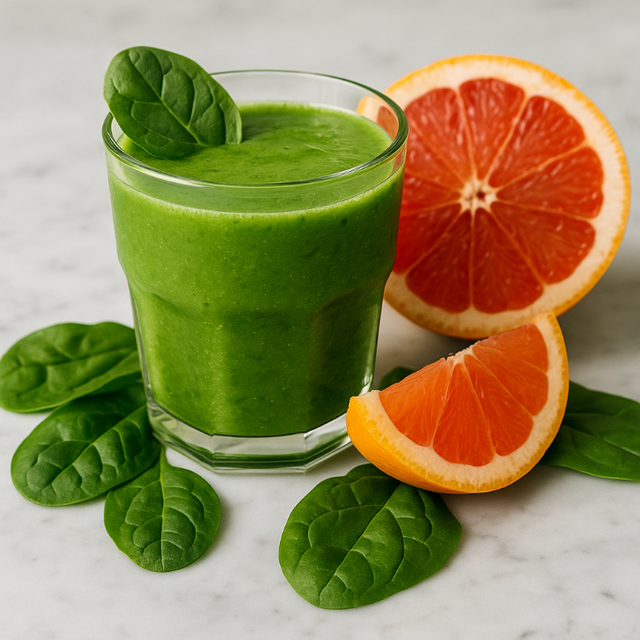 자몽 옆 녹색 주스 컵