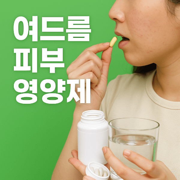 여드름 피부에 도움 되는 영양제를 챙기는 여성의 옆모습 이미지