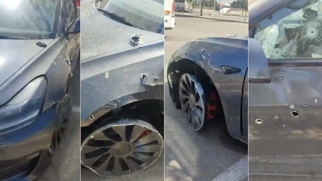 하마스 공격으로 벌집이 된 테슬라 모델3 퍼포먼스