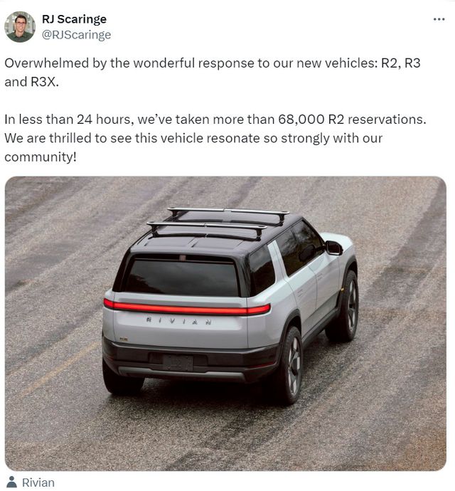 스케린지CEO가 X에서 R2가 하룻만에 6만8천건 이상의 예약을 기록했다고 적었다.