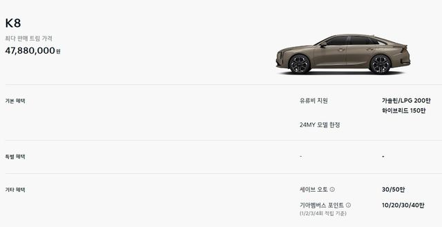 사진 : 기아 K8 8월 구매 혜택