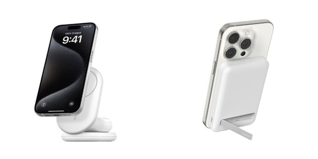벨킨 2-in-1 Qi2 15W 마그네틱 폴더블 고속 무선 충전 스탠드 (WIZ028) (좌),벨킨 Qi2 15W 5000mAh 마그네틱 무선 고속 충전 보조배터리(BPD006) (우)
