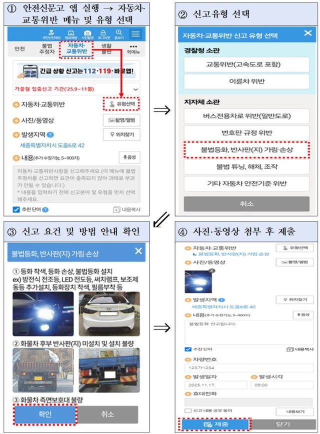 안전신문고 앱 불법자동차 신고방법(출처:국토교통부)