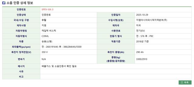 캐딜락 비스틱 환경부 인증 (출처 : KENCIS)