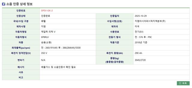 캐딜락 리릭-V 환경부 인증 (출처 : KENCIS)