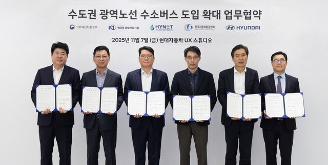 (왼쪽부터) 하이넷 송성호 대표이사, 현대차 국내판매사업부장 김승찬 전무, K1 모빌리티 오정민 전무, 기후에너지환경부 서영태 녹색전환정책관, 한국자동차환경협회 정종선 협회장, 현대차 에너지&수소정책담당 신승규 전무