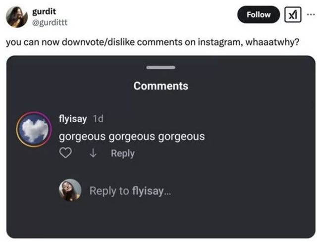 인스타그램 게시물 댓글에 하트 우측으로 아래쪽 화살표가 생긴 모습 (출처 : 뉴욕포스트)