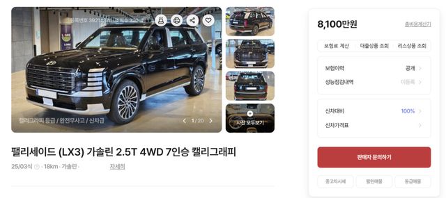 현대차 '신형 팰리세이드' 중고 매물 (출처 : 엔카)