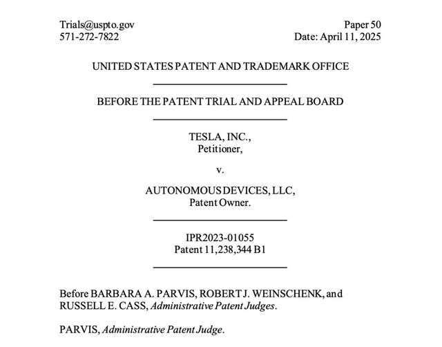 미국 특허심판원이 테슬라가 자율주행 스타트업 오토노머스 디바이스를 상대로 제기한 특허무효심판에서 원고 승소 판결을 내렸다. (출처 : 미국 특허심판원)
