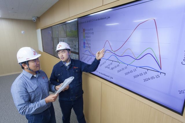 SK케미칼이 유디엠텍과 생성형 AI 기반 안전 관리 시스템 원천 기술 사용권에 대한 공급 계약을 체결했다. SK케미칼 구성원들이 안전 관리 시스템을 살펴보고 있다.