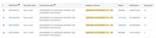 삼성전자가 샌디스크로부터 매수한 특허 목록 (출처 : 미국 특허청)