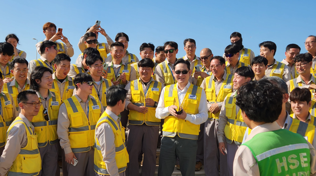 사진: 지난 2022년 12월 6일(현지 시각) 아랍에미리트(UAE)에 위치한&nbsp;바라카 원자력 발전소 건설 현장에 방문한 이재용 삼성전자 회장이&nbsp;건설 현장을 둘러보고 임직원들을 격려하는 모습