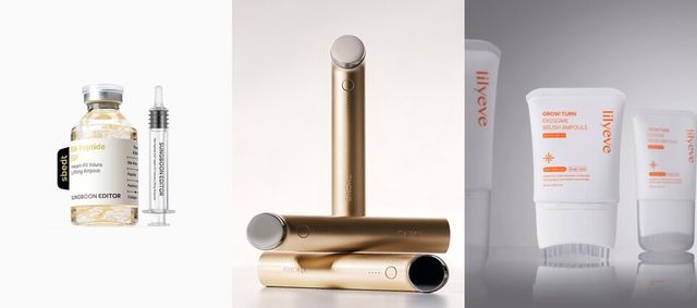 왼쪽으로부터 성분에디터 ‘‘실크 펩타이드 EGF 하트핏 볼륨 리프팅 앰플’, 톰 ‘더글로우 프로’, 릴리이브 ‘그로우턴 엑소좀 브러쉬 앰플’ 순 (출처=각사 제공)