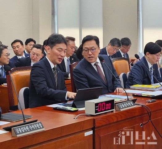 24일 국회 정무위원회 종합 국정감사에서 이복현 금감원장(좌)과 김병환 금융위원장(우)이 참석해 대화를 하고 있다. [사진=한지민 기자]