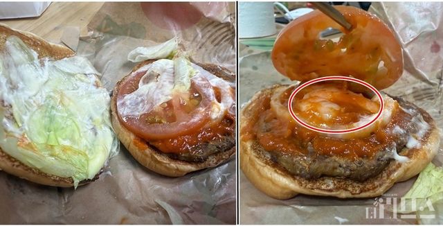 (좌) 버거킹 통새우와퍼주니어에서 새우를 찾을 수 없다. (우) 토마토를 들어 올리니 새우가 조그맣게 자리하고 있다. [사진=제보자 제공]