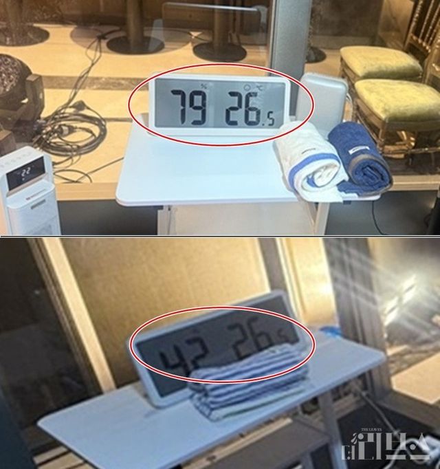 실내 온도(26°C)로 설정된 ‘나비엔 제습 환기청정기’ 신제품 발표회 체험 부스 중 (위)습도 80%인 공간 대비 (아래)습도 40%인 공간의 공기가 쾌적하고 시원했다. [사진=박달님 기자]