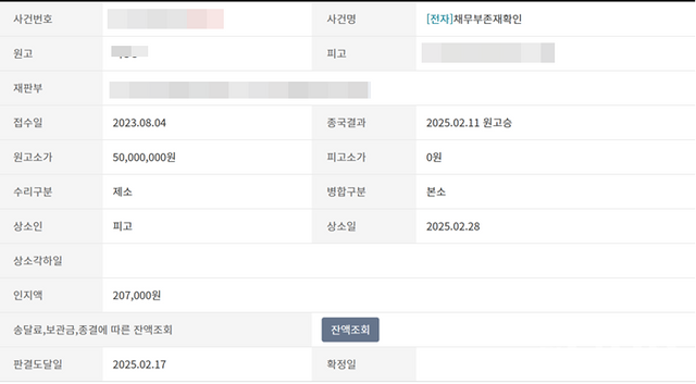 A씨가 B씨 등을 상대로 제기한 채무부존재 확인 소송에서 1심 재판부는 원고의 손을 들어줬다. [사진=대한민국 법원 캡처]