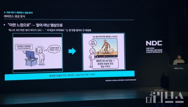 넥슨게임즈 진승범 부실장이 NDC 26에서 강연을 통해 '리뷰허브' 개발 경험을 공유하고 있다. [사진=송진원 기자]