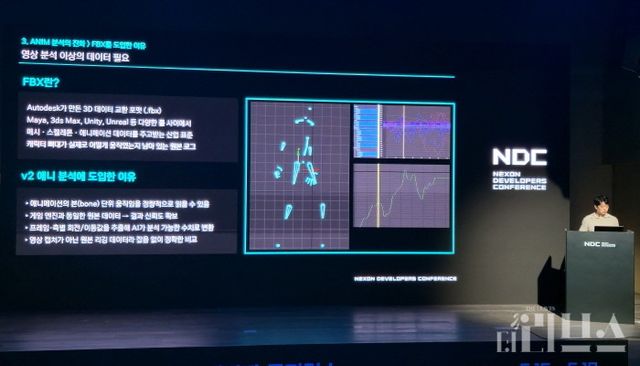 넥슨게임즈 진승범 부실장이 NDC 26에서 프레젠테이션을 활용해 강연을 진행 중이다. [사진=송진원 기자]