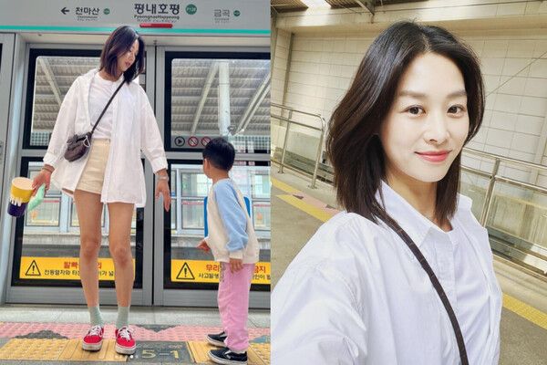 사진=장신영 인스타그램 (장신영이 아들 정우와 손을 잡고 포즈를 취하고 있다)