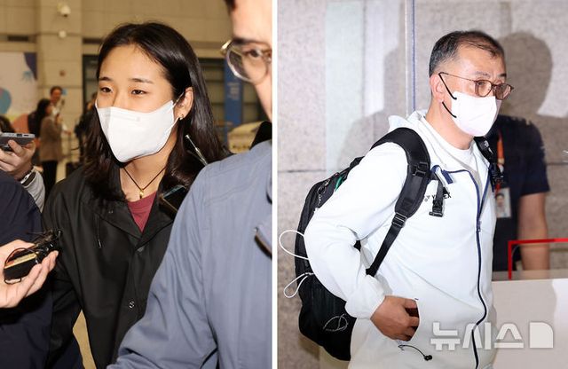 2024 파리올림픽 금메달리스트 안세영(왼쪽 사진)과 김학균(오른쪽 사진) 대한민국 배드민턴 대표팀 감독이 22일 오후 인천국제공항 제1여객터미널을 통해 귀국하고 있다. 김학균 감독은 최근 불화 논란에 관한 질문에 