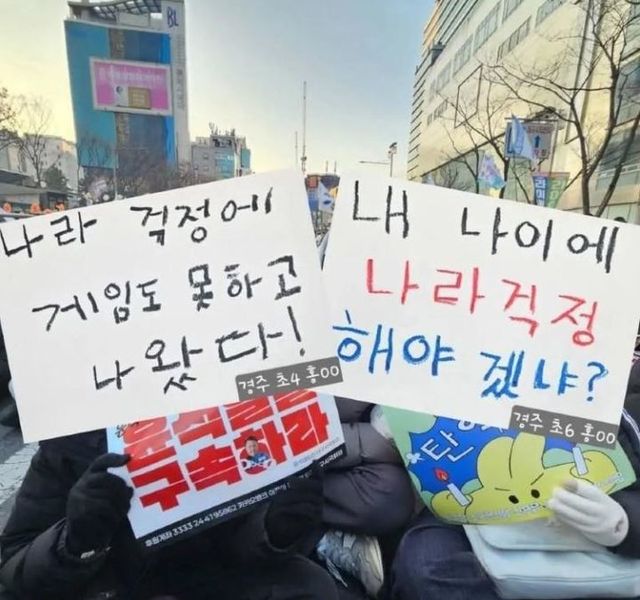 20일 다수의 온라인 커뮤니티와 사회관계망서비스(SNS)에는 윤 대통령의 퇴진을 촉구하는 탄핵 집회에 참석해 피켓·포스터 등을 들고 집회에 동참하는 초등학생들의 모습이 올라와 확산하고 있다. (사진= 보배드림 캡처) *재판매 및 DB 금지 / 사진 = 뉴시스