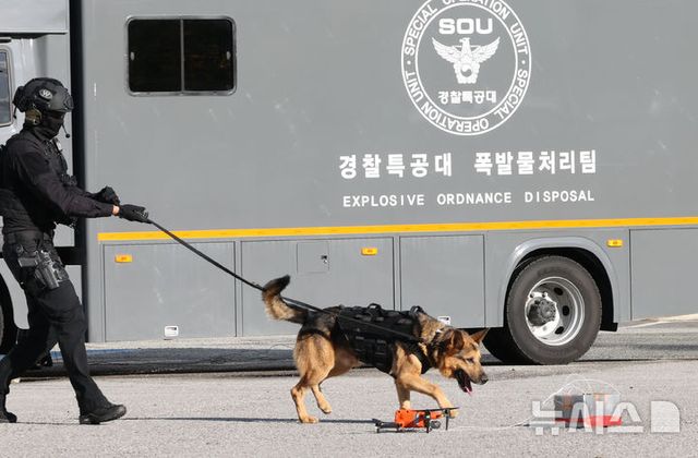 경찰특공대 탐지견이 폭발물 여부를 탐지하는 모습. 사진은 기사와 관련이 없습니다.&nbsp; / 사진 = 뉴시스