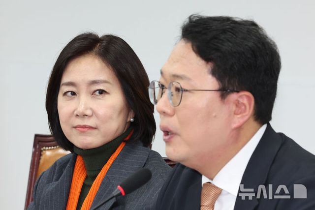 허은아 개혁신당 대표가 지난달 13일 오전 서울 여의도 국회에서 열린 최고위원회의에서 발언하는 천하람 원내대표를 쳐다보고 있다. 2025.01.13. / 사진 = 뉴시스