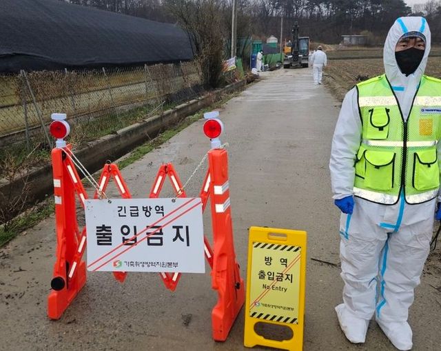 5일 H5N1형 고병원성 조류인플루엔자(AI)가 확진된 충북 청주시 청원구 북이면 육용오리 농장의 출입이 통제되고 있다.(사진=충북도 제공) 2025.04.05. *재판매 및 DB 금지 / 사진 = 뉴시스