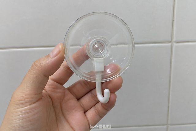 매끄러운 욕실 타일 앞에서 흡착 고리의 오목한 고무 면과 테두리를 보여 주는 모습. / 기사 이해를 돕기 위한 생성형 이미지