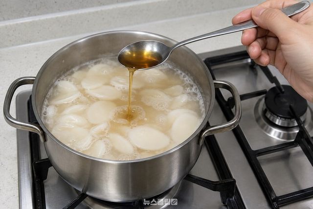 떡국 냄비에 멸치액젓 한 스푼을 넣는 마지막 간 맞추기 모습. / 기사 이해를 돕기 위한 생성형 이미지