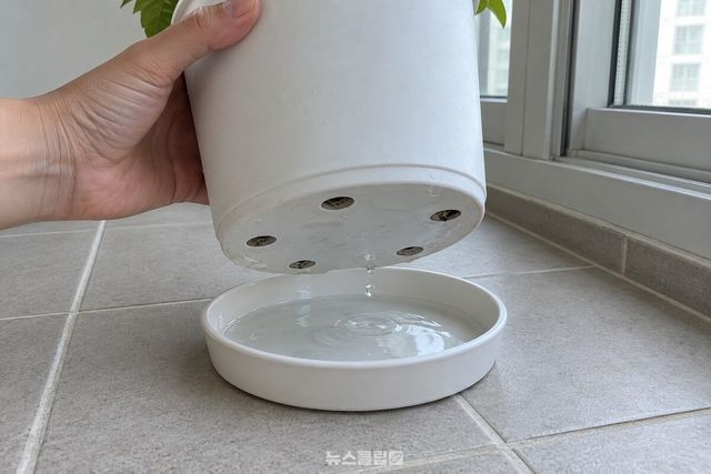 화분 아래 배수 구멍에서 물이 받침으로 떨어진 뒤의 가까운 모습. / 기사 이해를 돕기 위한 생성형 이미지