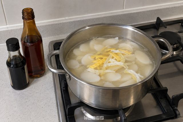 떡과 고명이 담긴 떡국 냄비 옆에 국간장과 멸치액젓을 준비한 모습. / 기사 이해를 돕기 위한 생성형 이미지