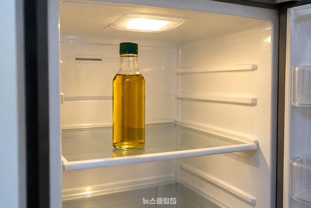 투명한 유리병에 든 들기름이 냉장고 조명을 받는 모습이다. / 기사 이해를 돕기 위한 생성형 이미지
