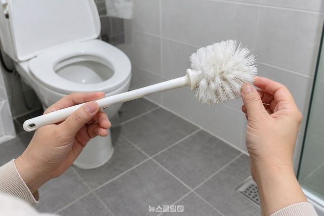 밝은 욕실에서 손에 든 변기솔의 벌어진 솔 끝을 옆면으로 확인하는 장면. / 기사 이해를 돕기 위한 생성형 이미지